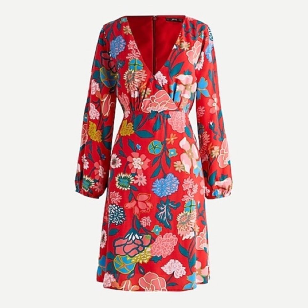 J. Crew Red and Blue Floral Plunge Sundress with Bishop Sleeves Womens Size 8